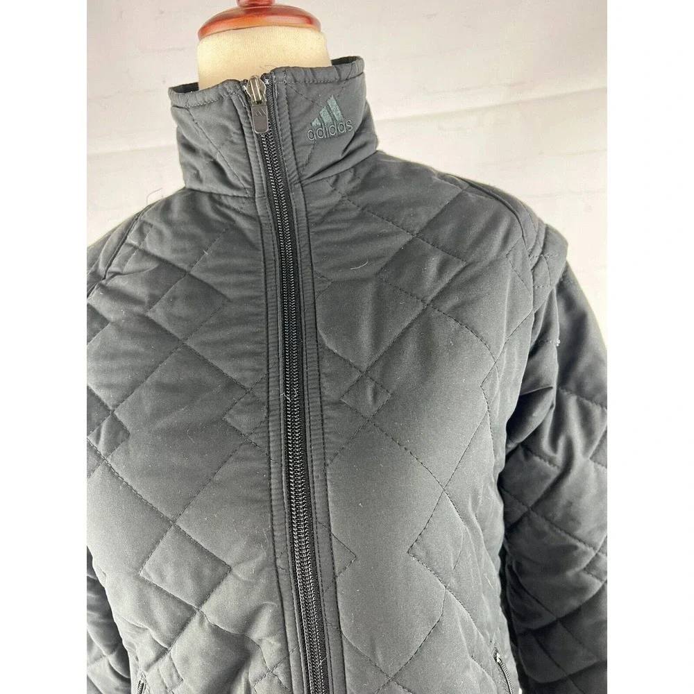 Adidas Womens XS Quilted Jacket Black Full Zip Lightweight Stand-Up Collar EUC - Picture 3 of 4